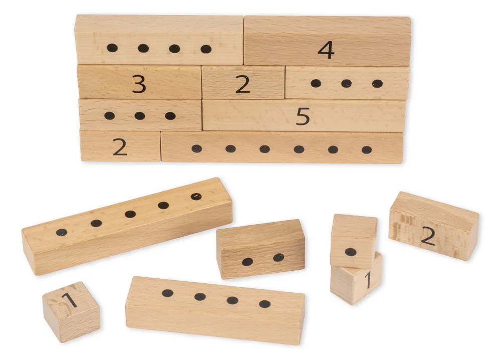 Dřevěné bloky s čísly 1-12 k porovnávání a počítání, 41 ks. V rámečku