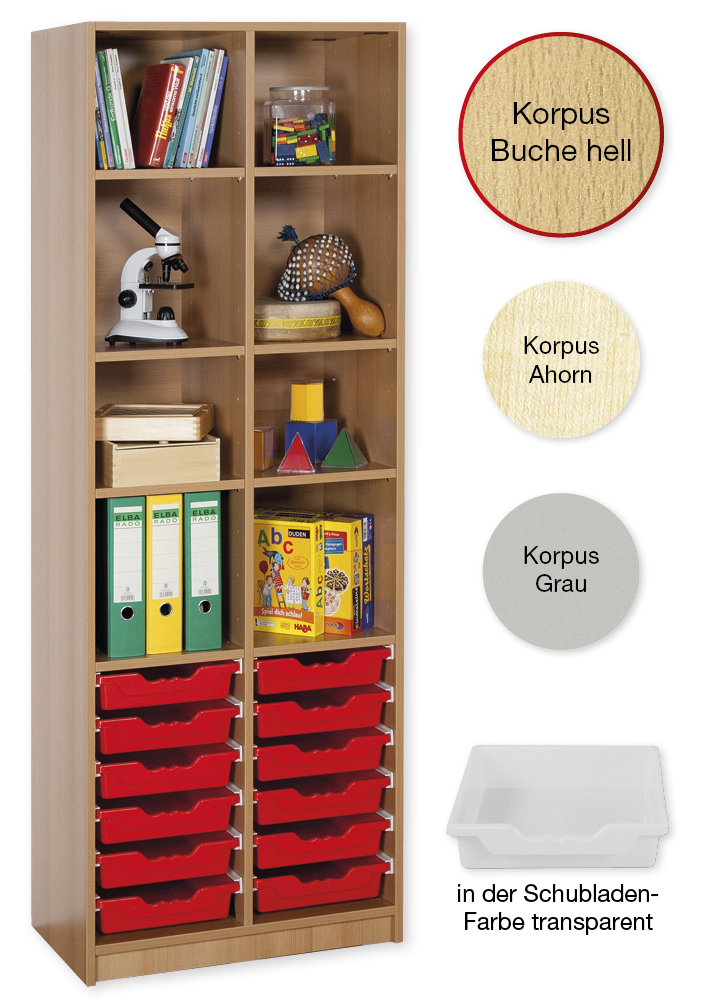 Material-Hochschrank-Regal S, Basistiefe, 8 Fachböden, 12 Schubladen L