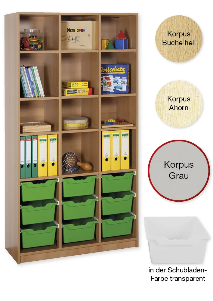 Material-Hochschrank-Regal L, Basistiefe, 12 Fachböden, 9 Schubladen XL