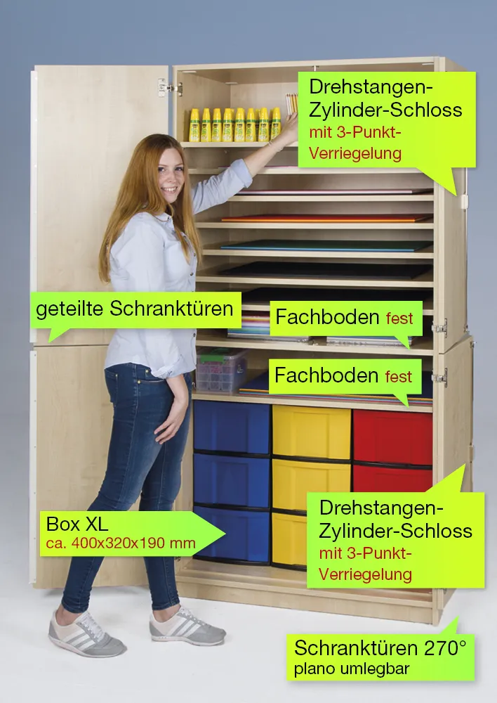 Material-Hochschrank M geteilt, Extratiefe, 9 Fachböden, 9 Boxen XL
