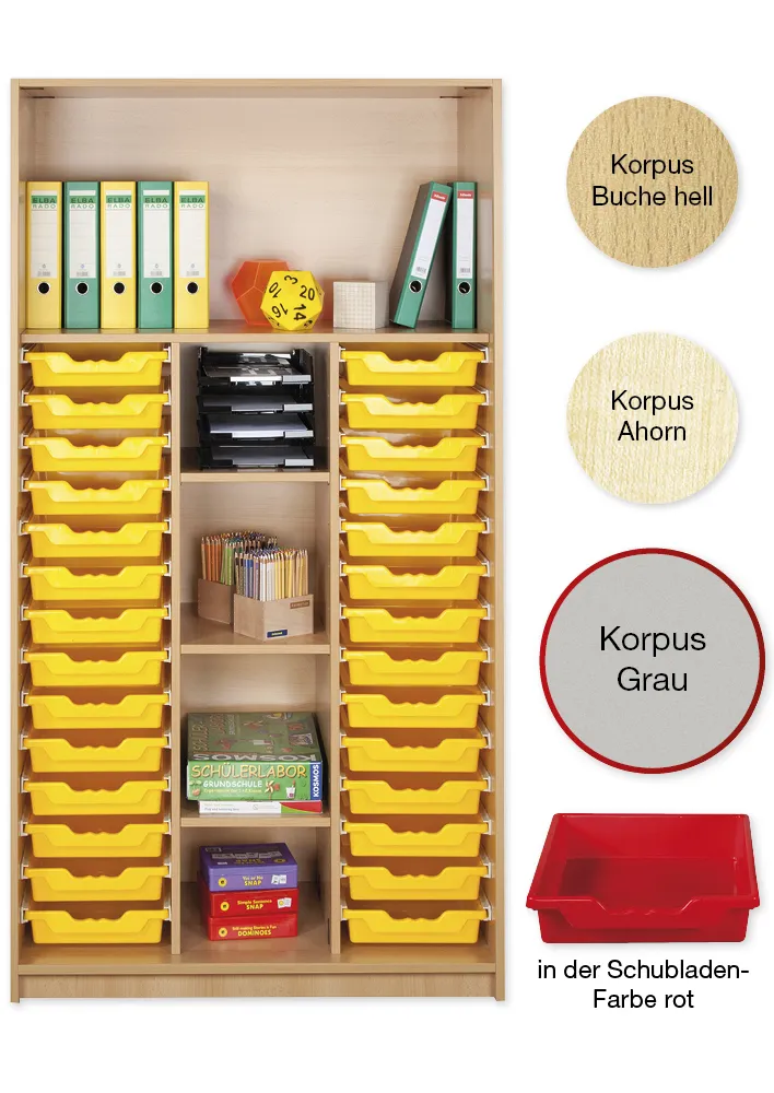 Material-Hochschrank-Regal L, Basistiefe, 5 Fachböden, 28 Schubladen L