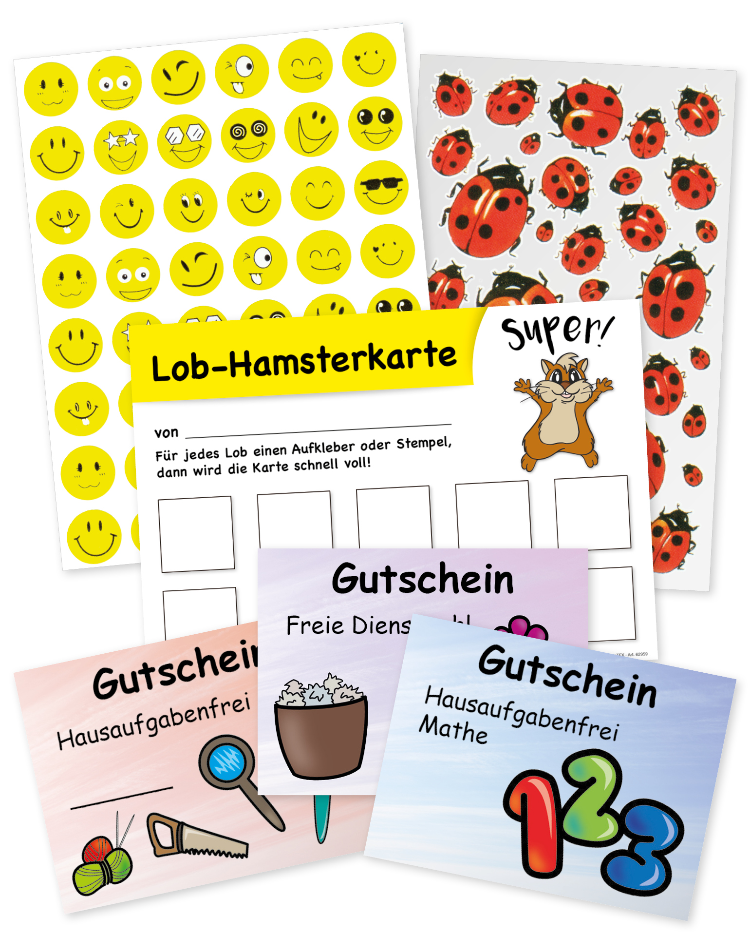 Aufkleber mit Smileys und Marienkäfer, Lob-Hamsterkarte zum Stempel Sammeln und Gutscheine für Schüler
