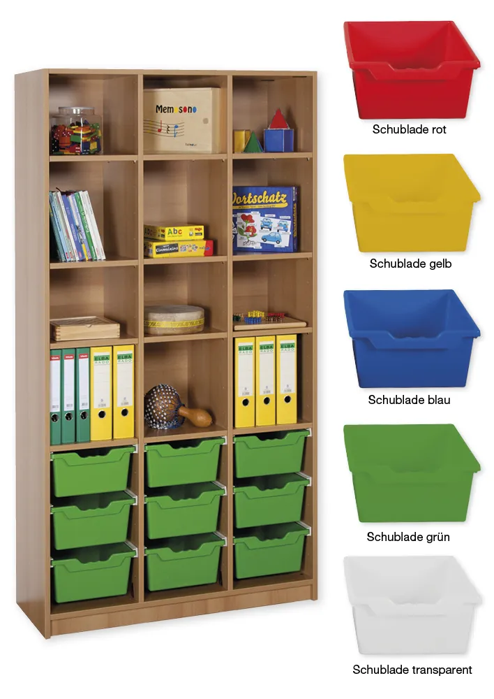 Material-Hochschrank-Regal L, Basistiefe, 12 Fachböden, 9 Schubladen XL