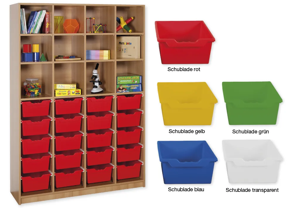 Material-Hochschrank-Regal XL, Basistiefe, 12 Fachböden, 20 Schubladen XL