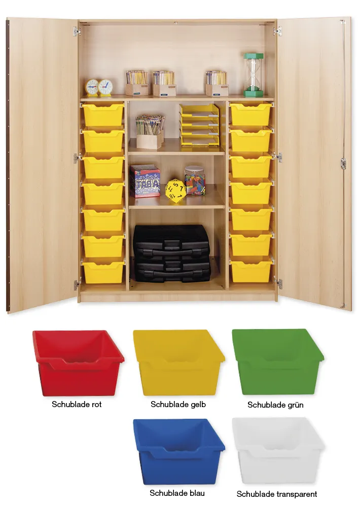 Material-Hochschrank XL, Plustiefe, 4 Fachböden, 14 Schubladen XL