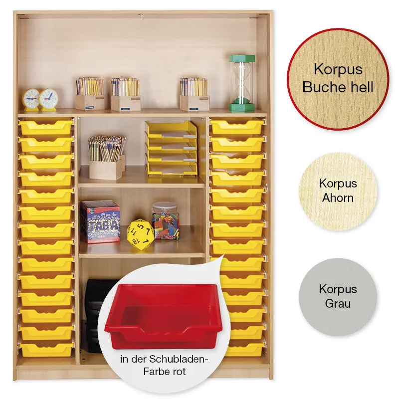 Material-Hochschrank-Regal XL, Plustiefe, 4 Fachböden, 28 Schubladen L