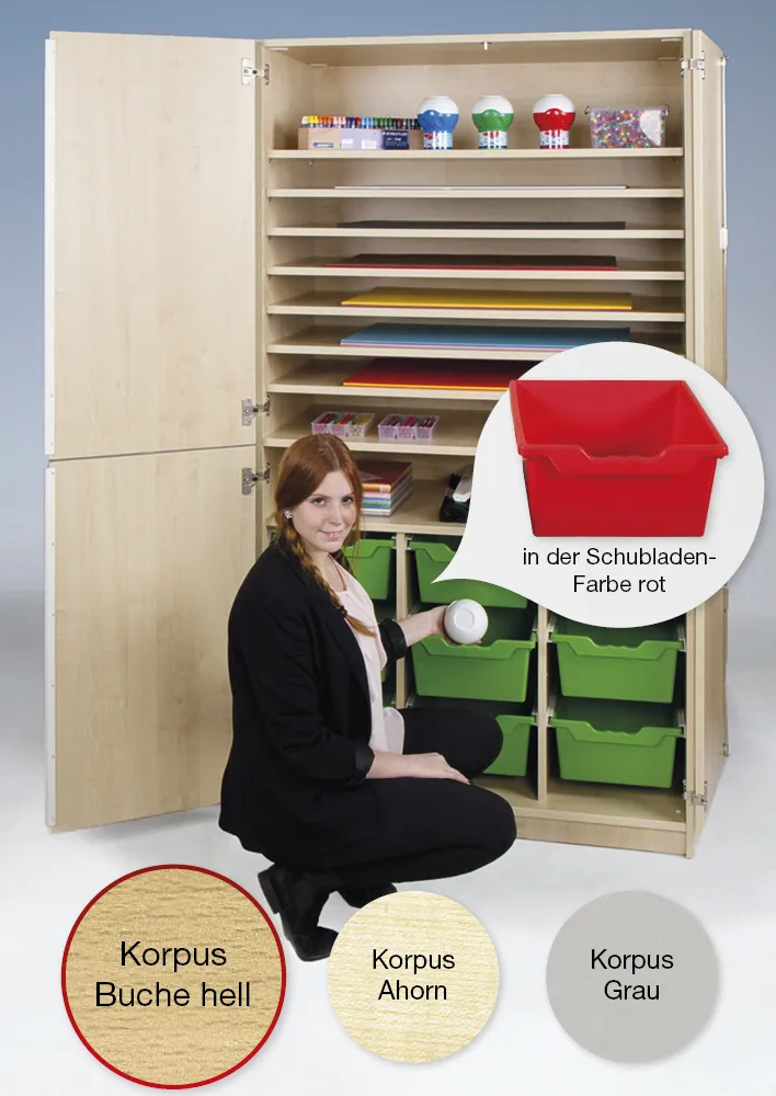 Material-Hochschrank L geteilt, Extratiefe, 9 Fachböden, 9 Schubladen XL