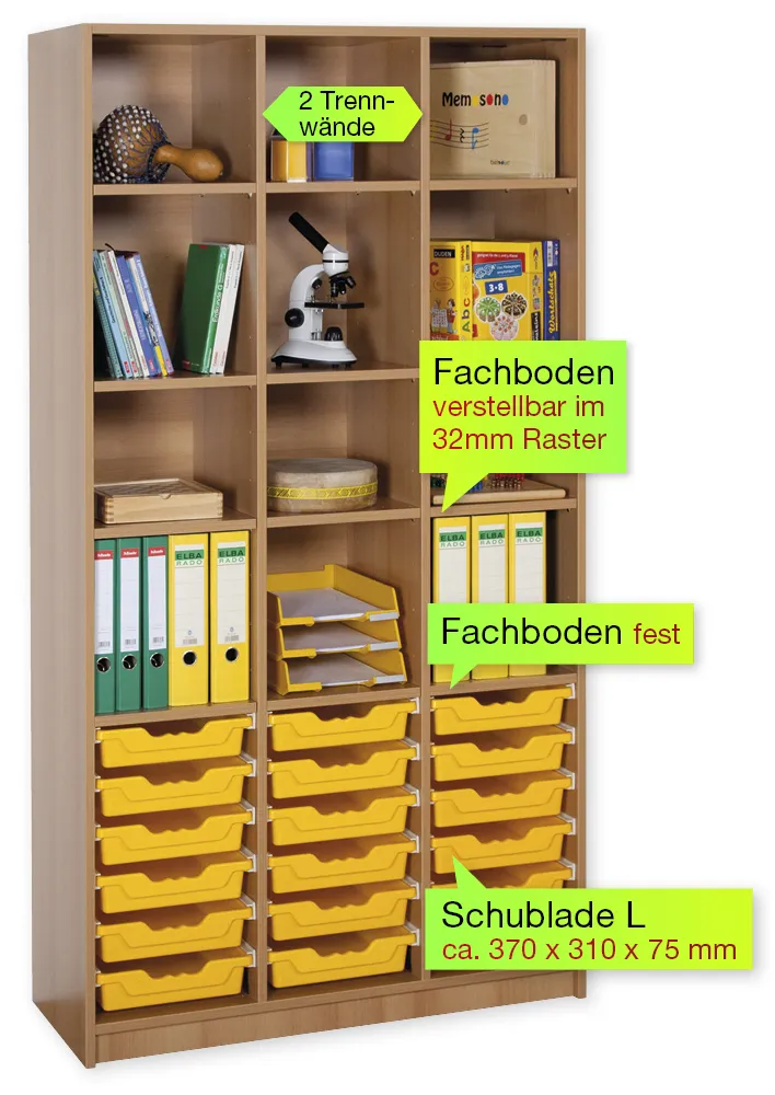 Material-Hochschrank-Regal L, Basistiefe, 12 Fachböden, 18 Schubladen L