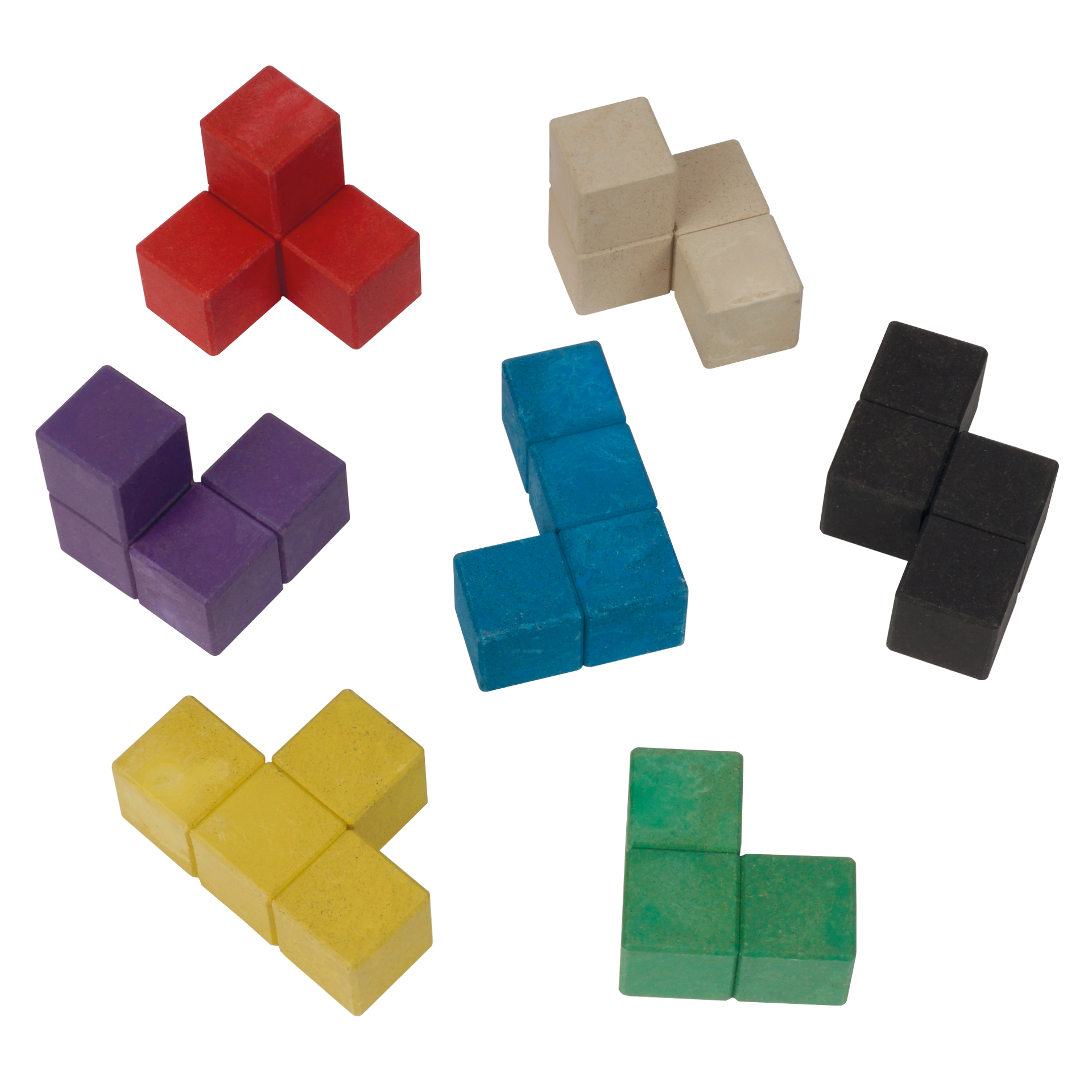 Soma träkuber 60x60 mm, 7 färgade figurer i en låda