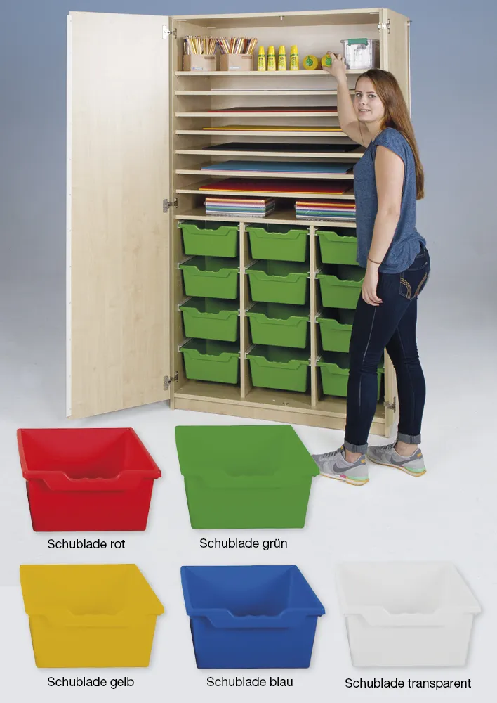 Material-Hochschrank L, Extratiefe, 8 Fachböden, 12 Schubladen XL