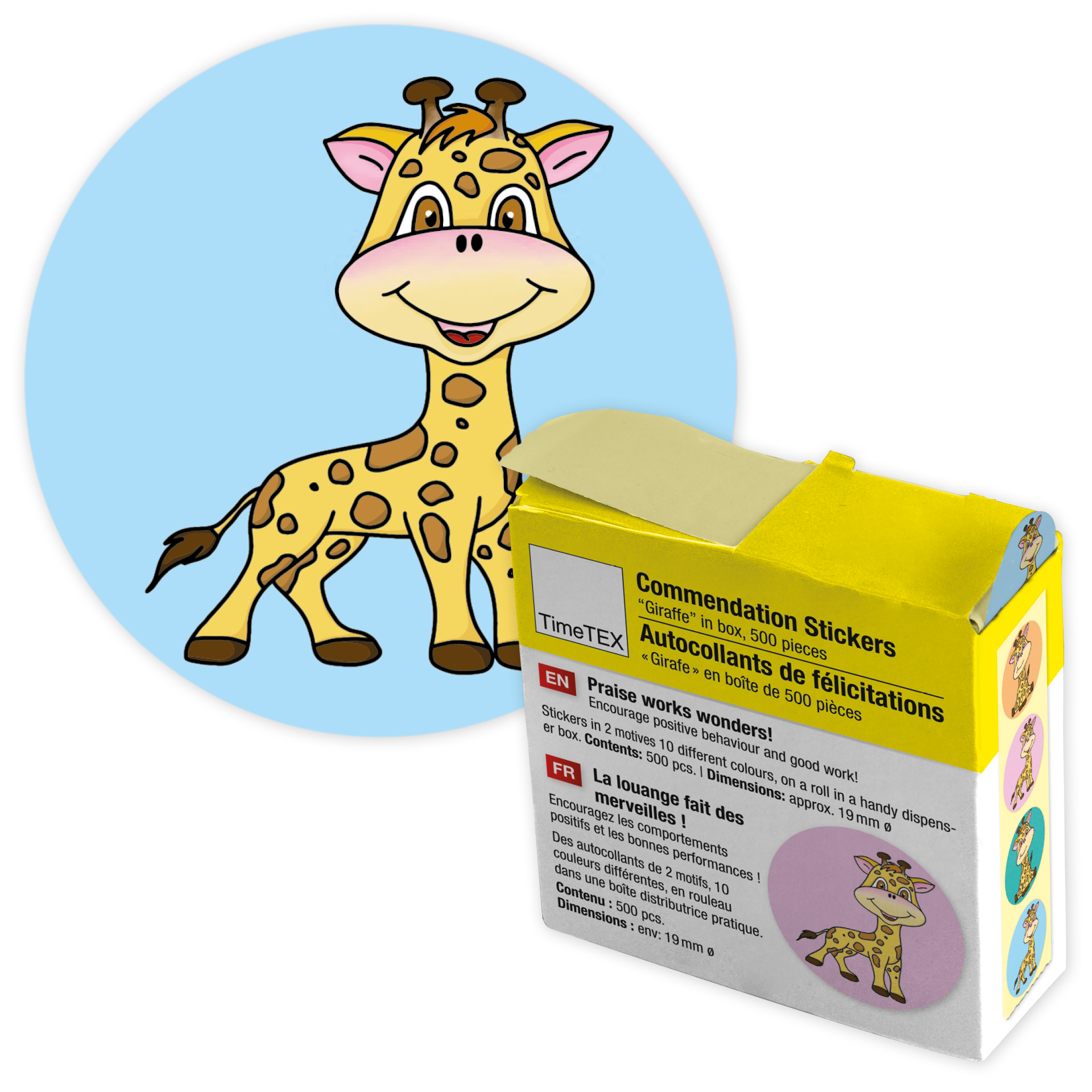 Abțibilduri pentru motivare și recompensare "girafă", în cutie-dispenser, 500 de bucăți