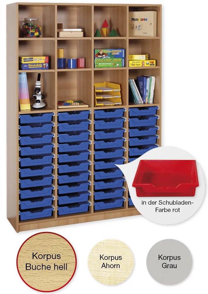 Material-Hochschrank-Regal XL, Basistiefe, 12 Fachböden, 40 Schubladen L