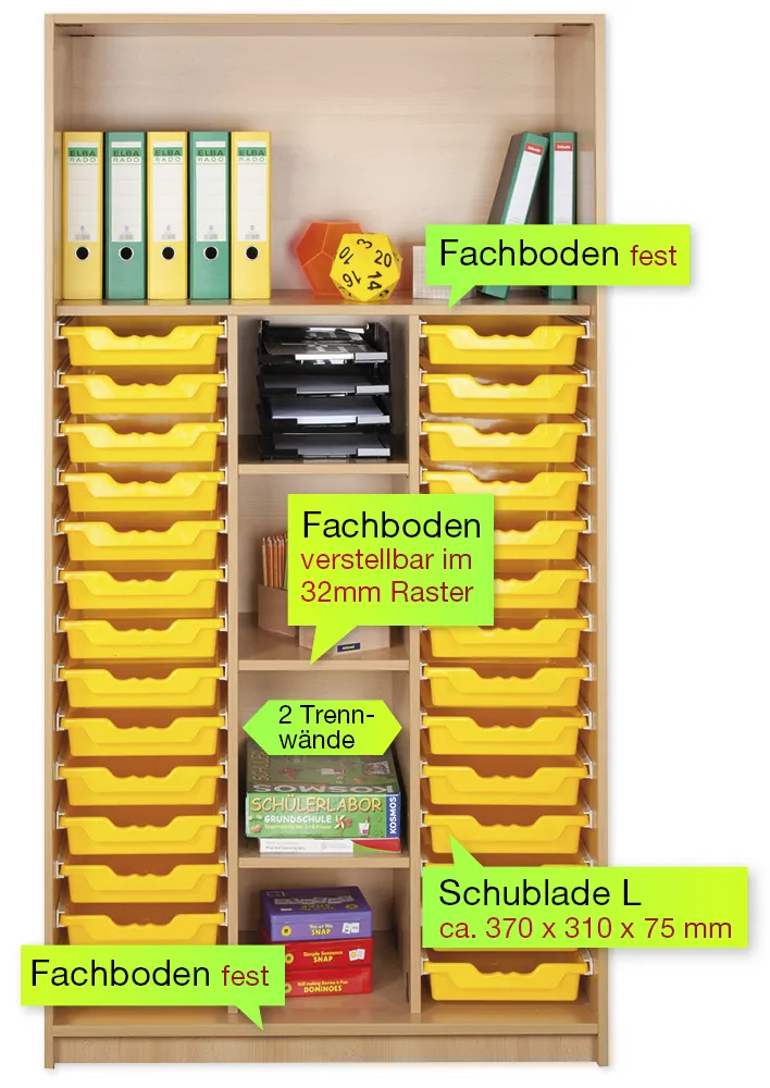 Material-Hochschrank-Regal L, Basistiefe, 5 Fachböden, 28 Schubladen L