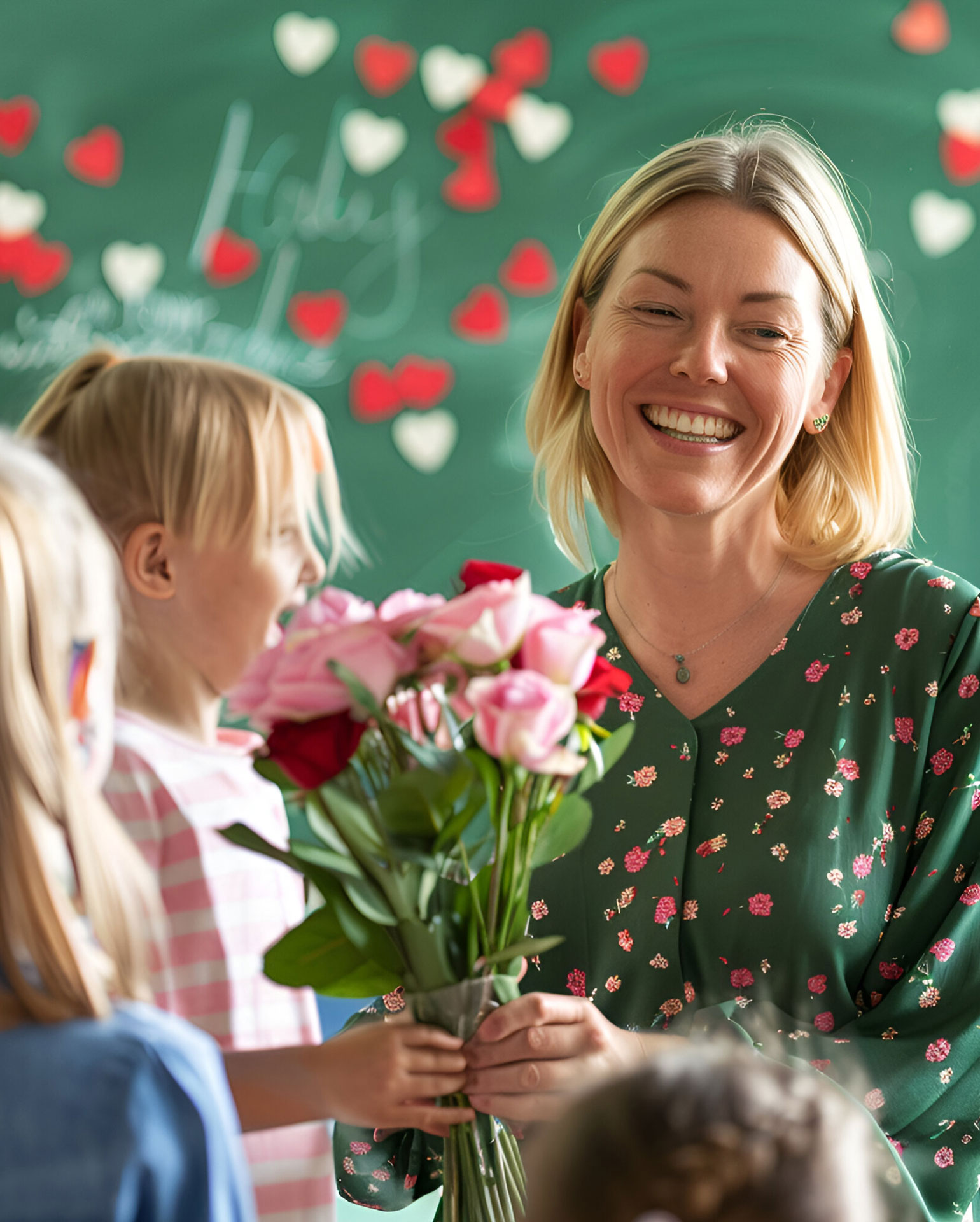 Vor einer Tafel mit roten Herzen steht eine Frau, die von einem Kind einen Blumenstrauß entgegen nimmt