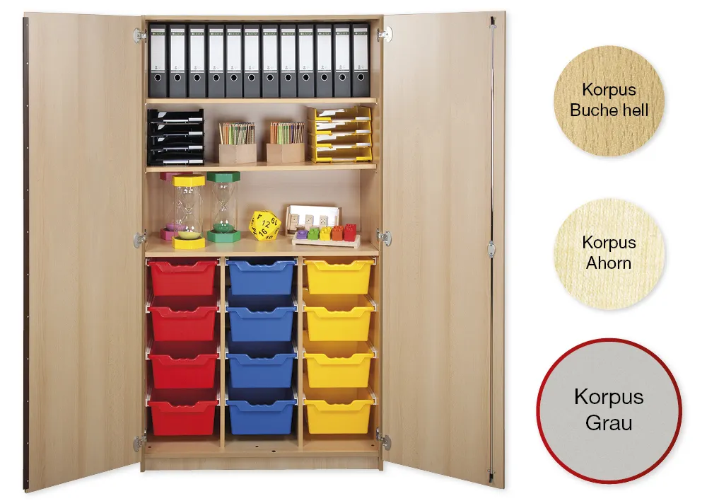 Material-Hochschrank L, Plustiefe, 3 Fachböden, 12 Schubladen XL