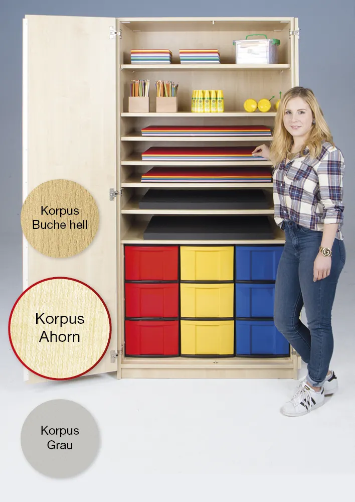 Material-Hochschrank M, Extratiefe, 7 Fachböden, 9 Boxen XL