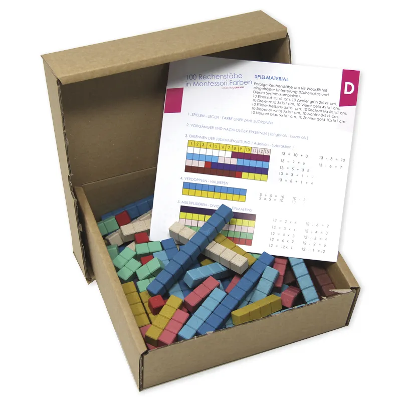 Beräkningspinnar av RE-Wood "Montessori-färger", 100 stycken, i en "Montessori Premium"-låda
