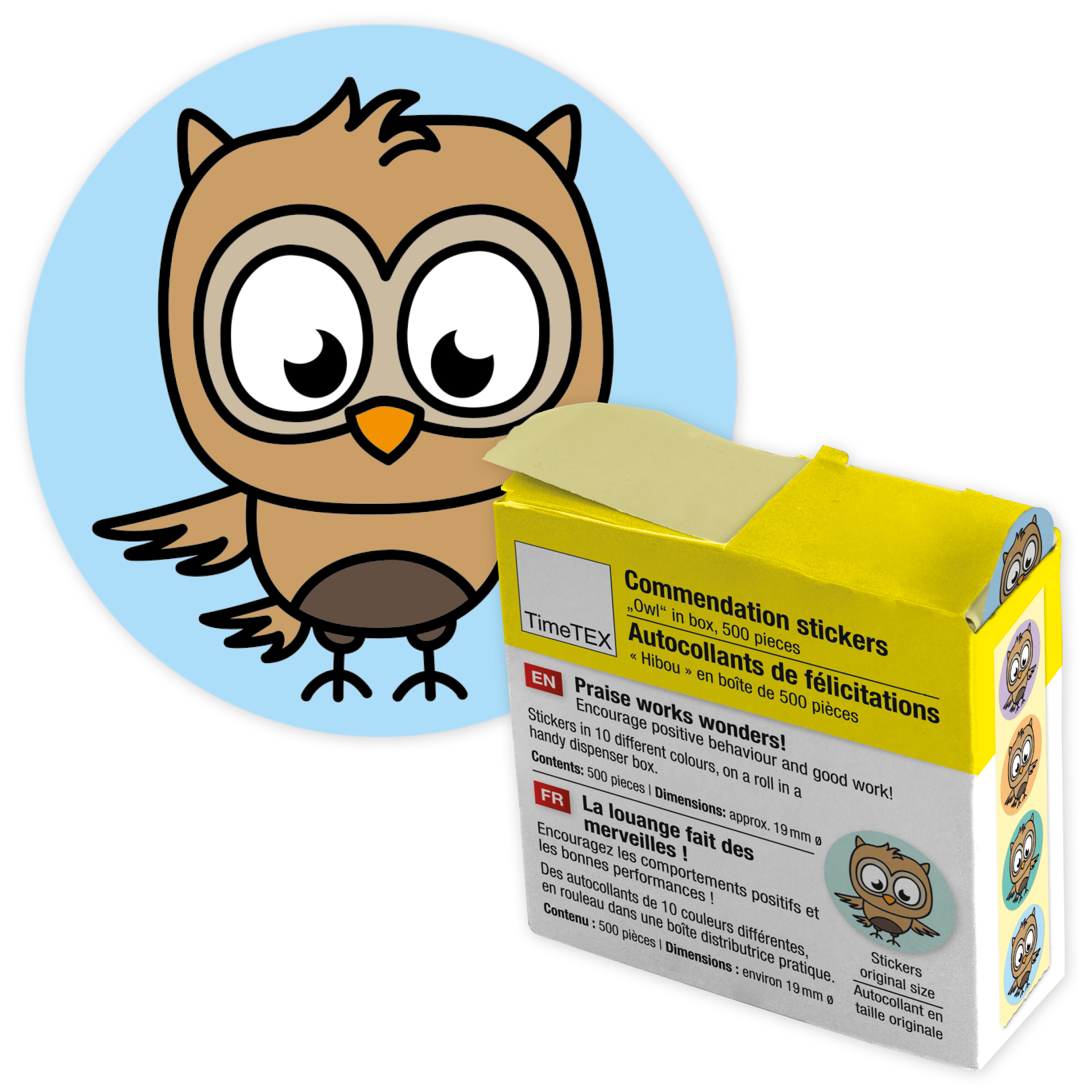 Belöningsklistermärker "Uggla" i en dispenserlåda, 500 st