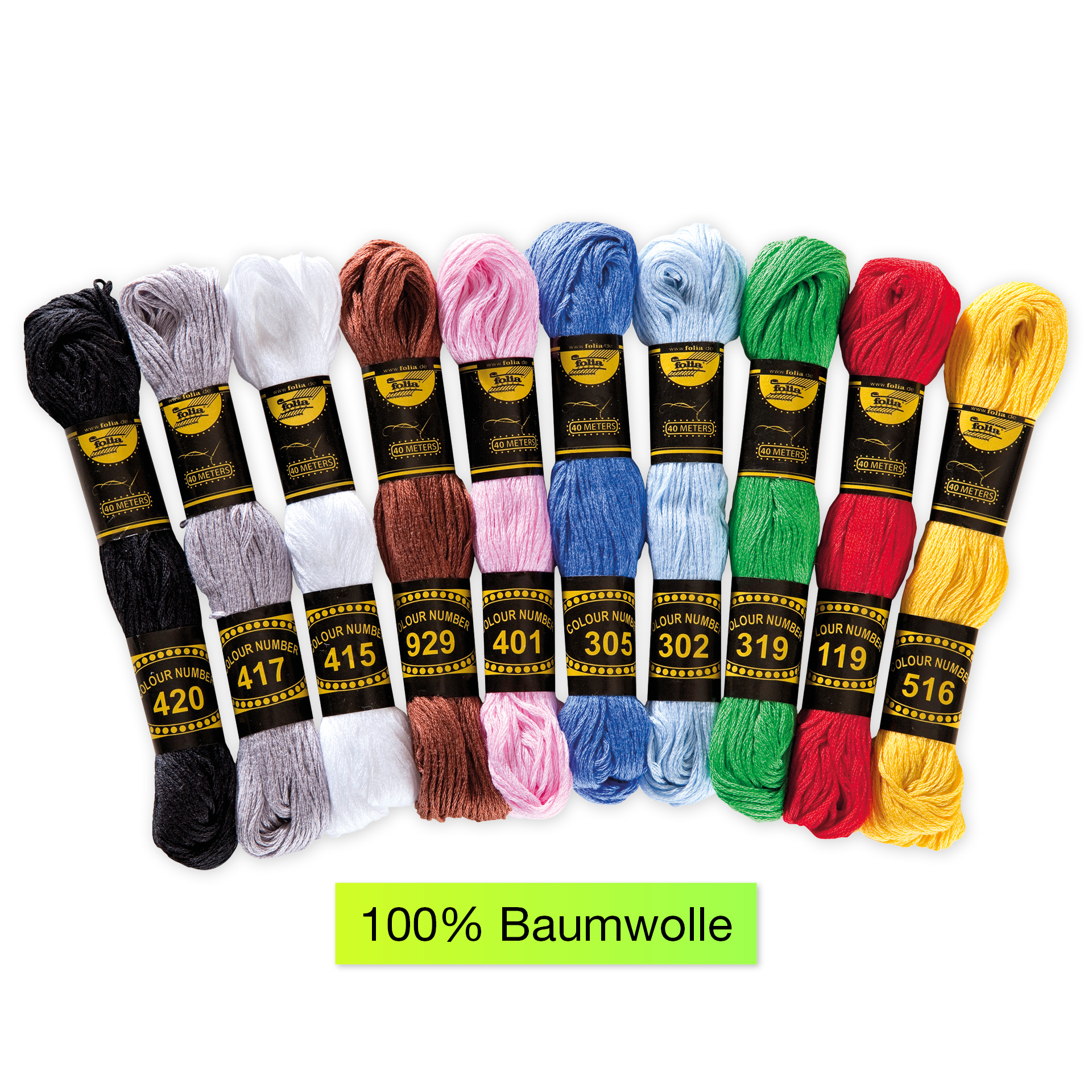 Stickgarn, 10 Docken in 10 Farben