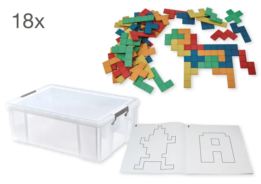 Set med pentominoer av RE-Wood, med mallar, 938 stycken. i låda