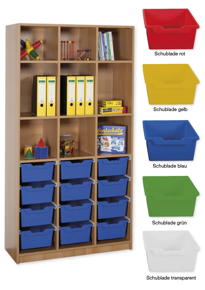 Material-Hochschrank-Regal L, Basistiefe, 9 Fachböden, 12 Schubladen XL