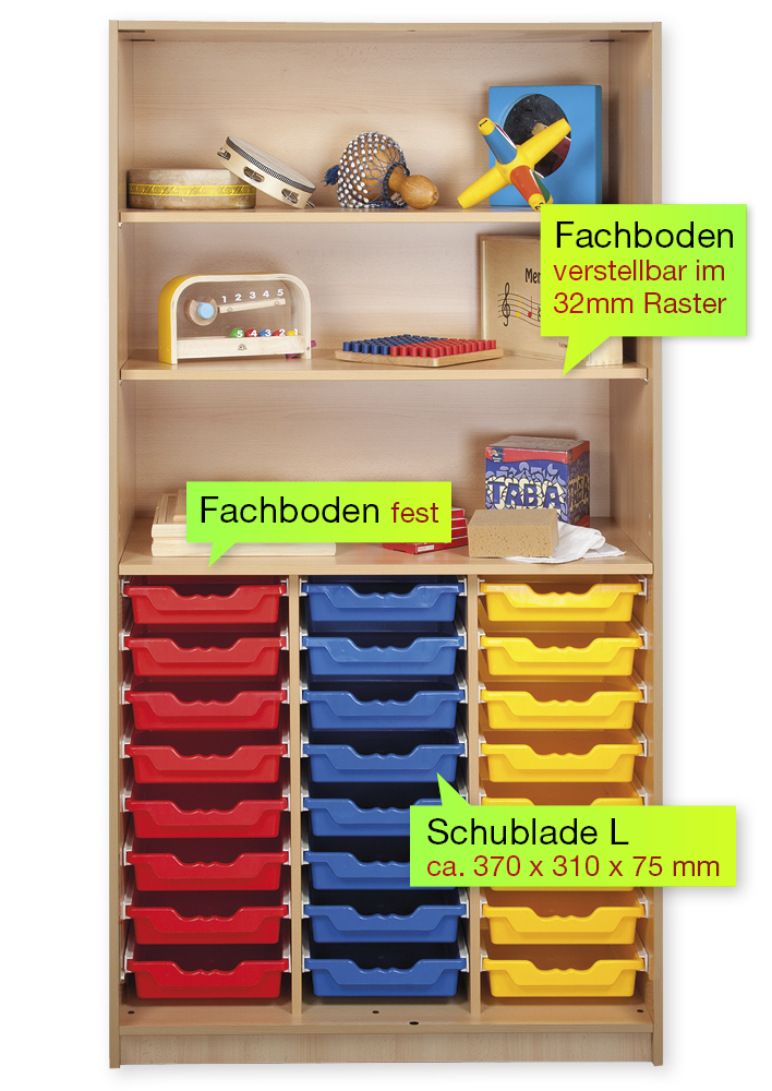 Material-Hochschrank-Regal L, Plustiefe, 3 Fachböden, 24 Schubladen L