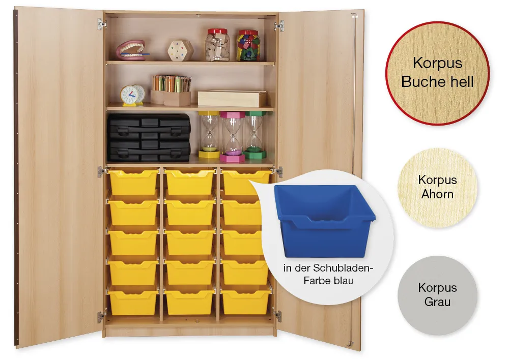 Material-Hochschrank L, Plustiefe, 3 Fachböden, 15 Schubladen XL