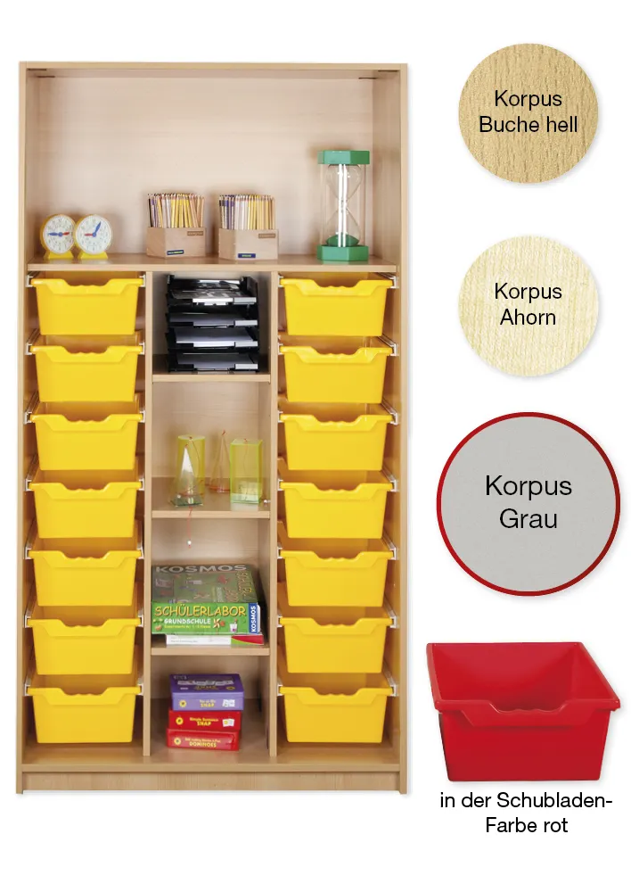 Material-Hochschrank-Regal L, Basistiefe, 5 Fachböden, 14 Schubladen XL