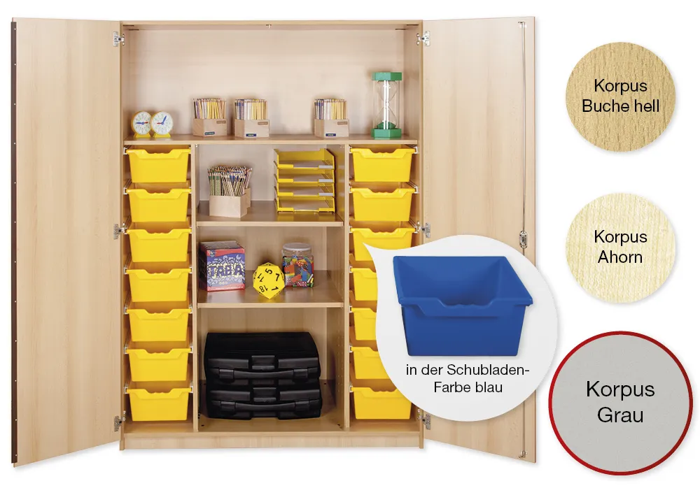 Material-Hochschrank XL, Plustiefe, 4 Fachböden, 14 Schubladen XL