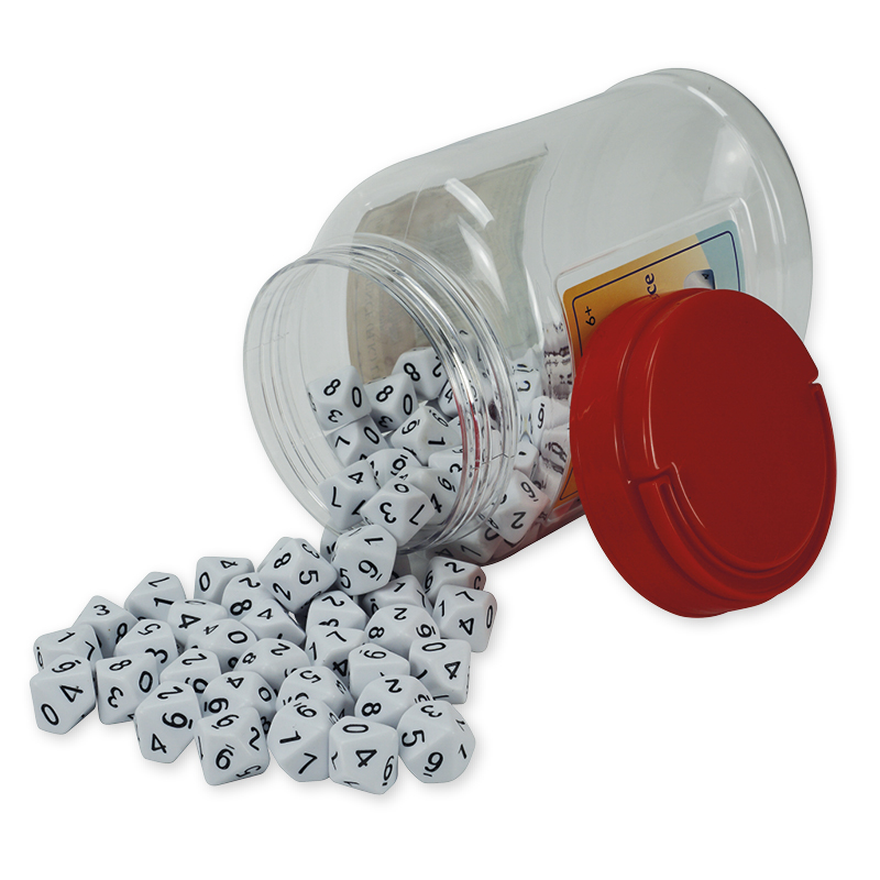 Set Zehnseitige Würfel in Dose, 0-9, weiß, 100 Stück