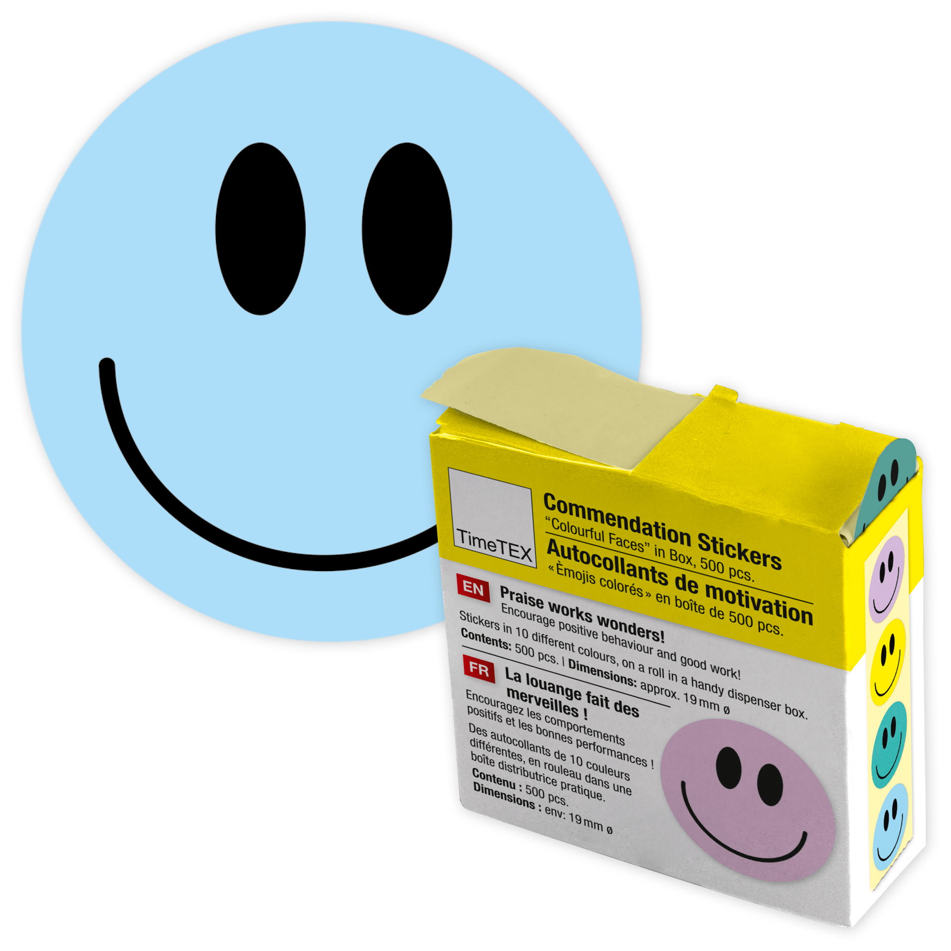 TimeTEX Belobigungs-Aufkleber "Gesichter bunt" in Spender-Box, 500 Stück