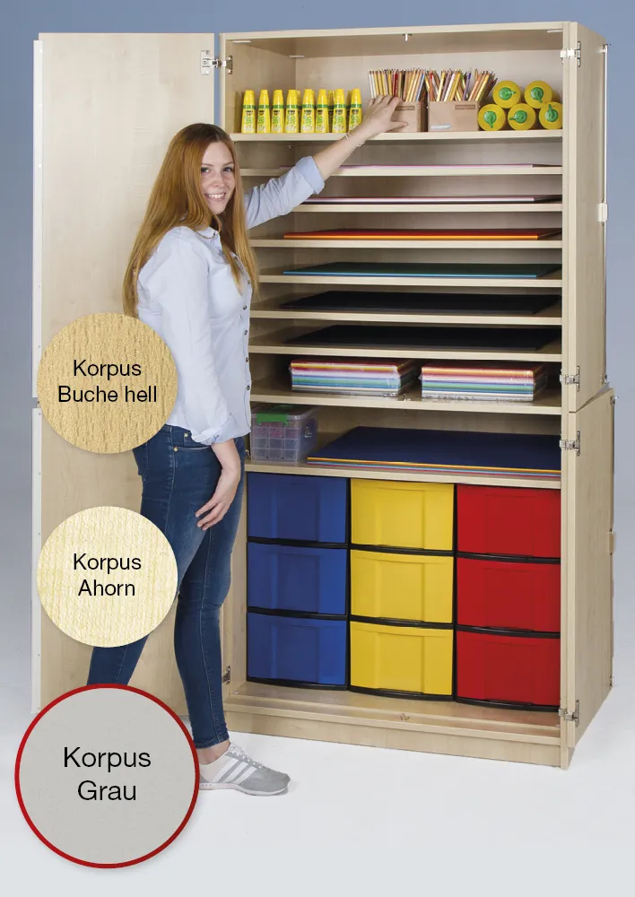 Material-Hochschrank M geteilt, Extratiefe, 9 Fachböden, 9 Boxen XL