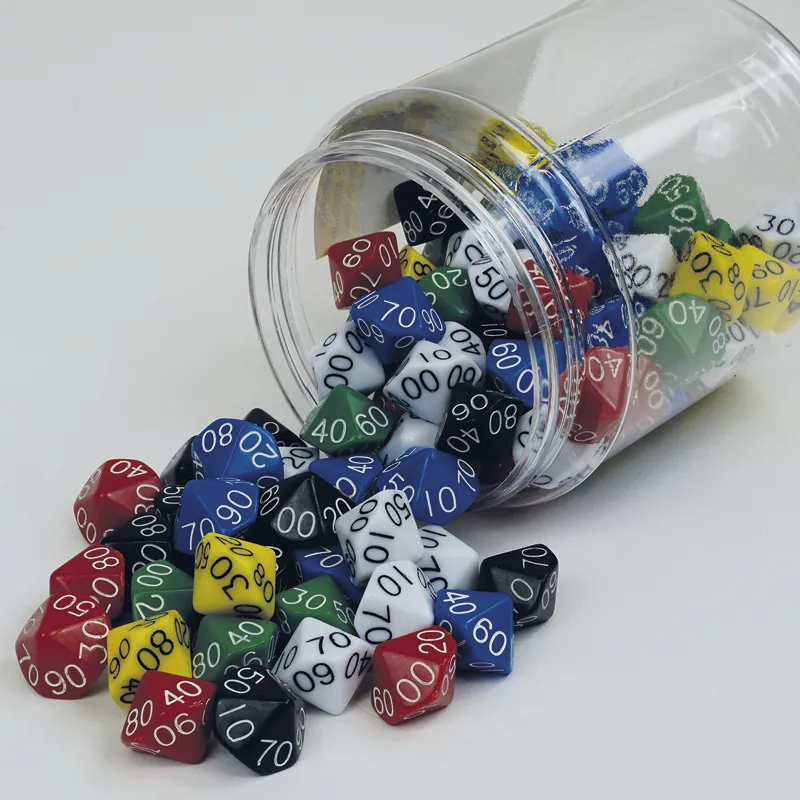 Set med tiosidiga tärningar 00-90 (tiotal), 100 bitar i en burk