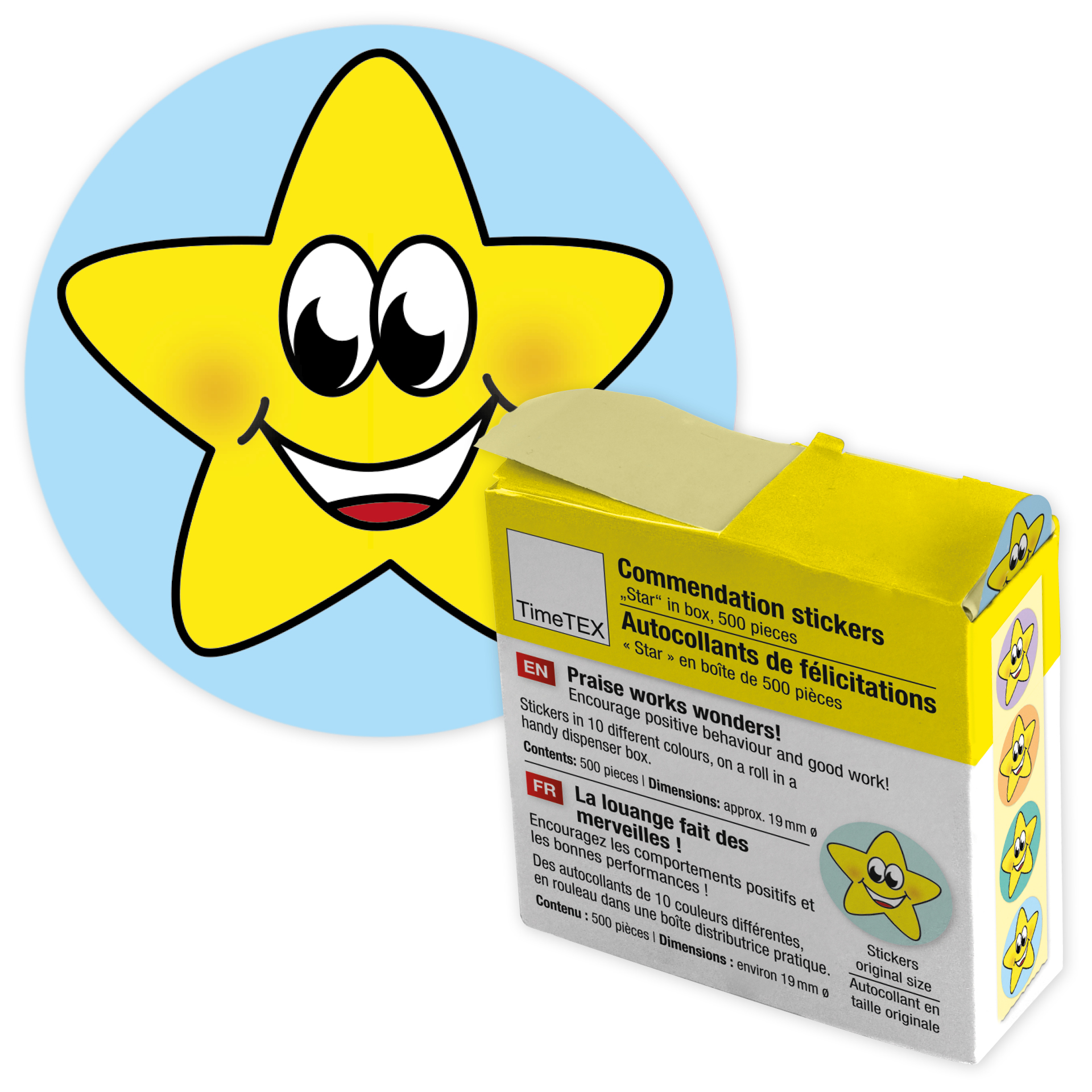 Belöningsklistermärker "Stjärnfärgade" i en dispenserlåda, 500 st