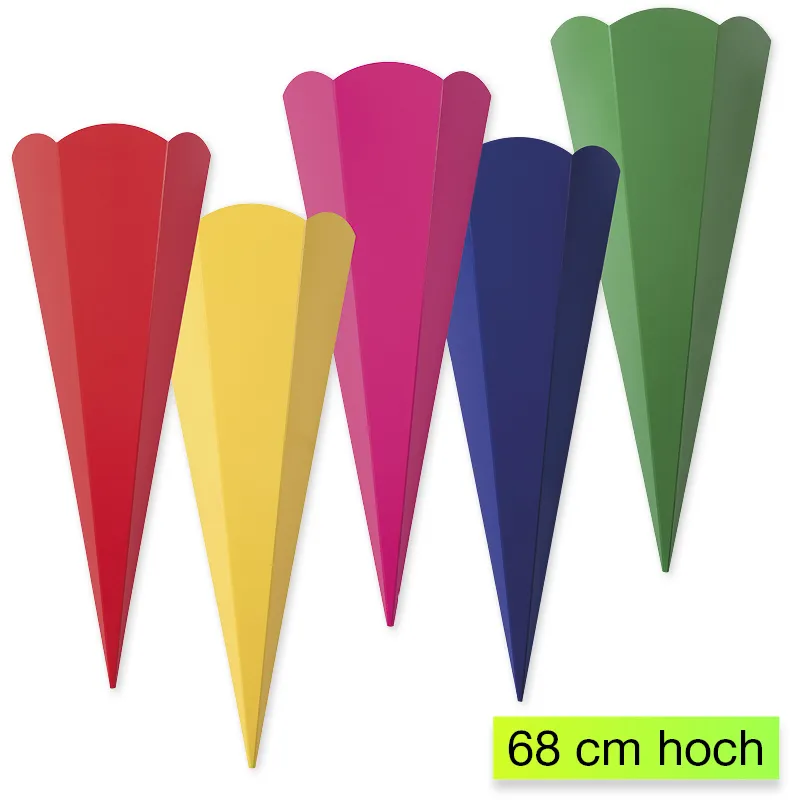 Schultüten zum Stecken, 68 cm hoch, 10 Stück in 5 Farben