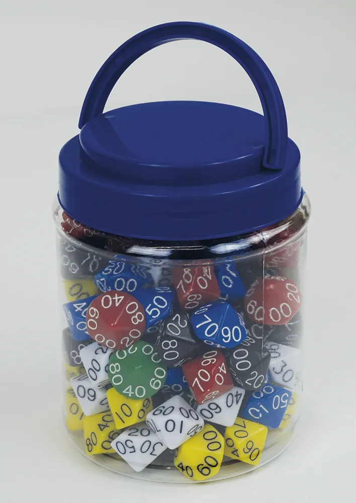 Set Würfel zehnseitig 00-90 (Zehner), 100 Stück in Dose