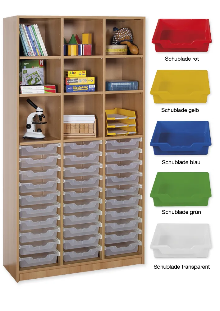Material-Hochschrank-Regal L, Basistiefe, 9 Fachböden, 30 Schubladen L