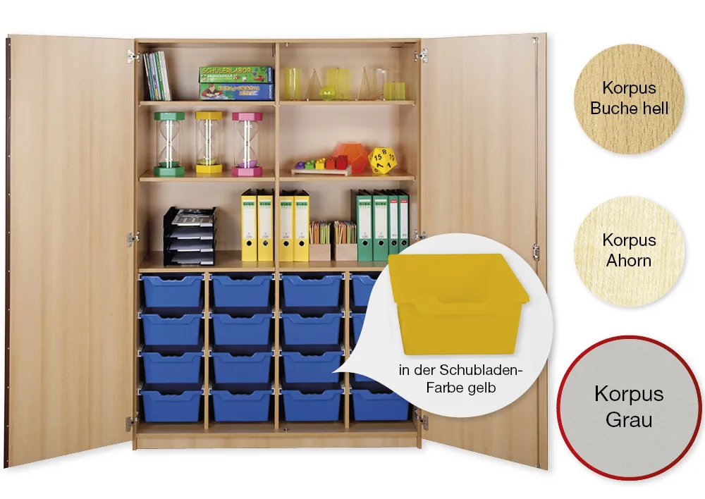 Material-Hochschrank XXL, Plustiefe, 6 Fachböden, 16 Schubladen XL