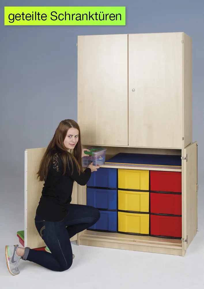 Material-Hochschrank M geteilt, Extratiefe, 9 Fachböden, 9 Boxen XL