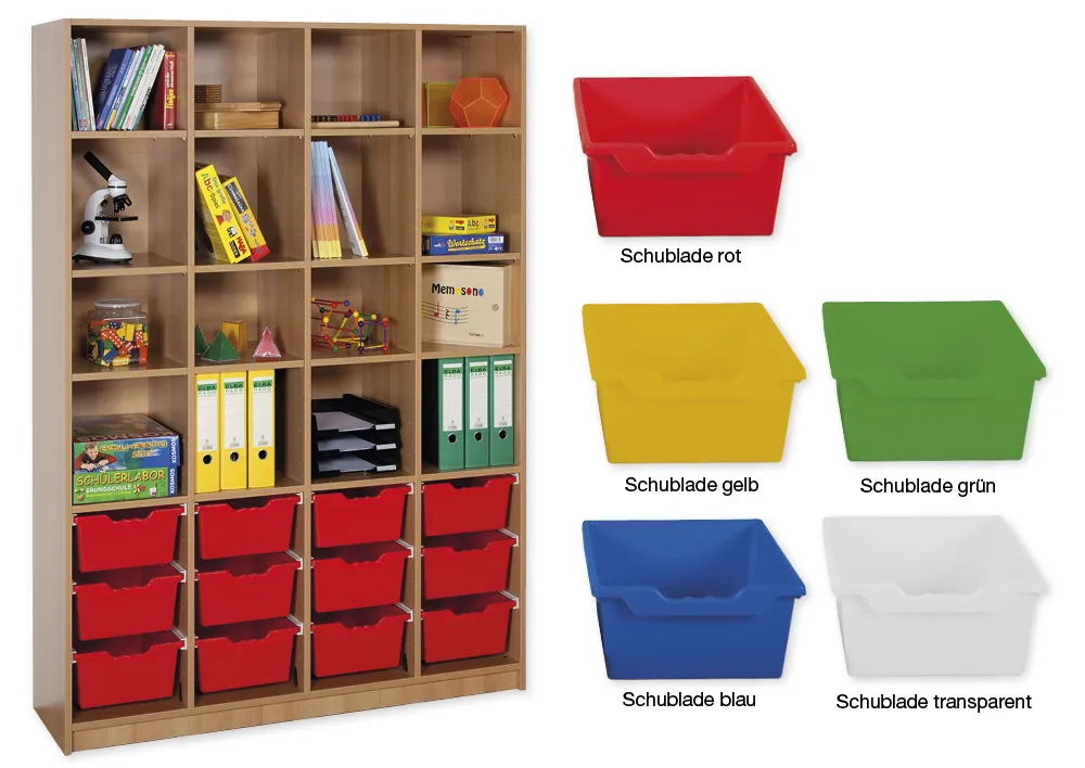Material-Hochschrank-Regal XL, Basistiefe, 16 Fachböden, 12 Schubladen XL