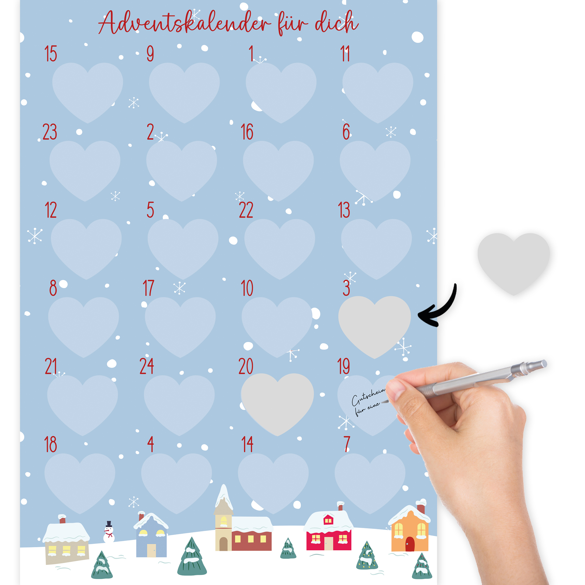 Rubbel-Adventskalender "Schnee und Herzen", 25-tlg.