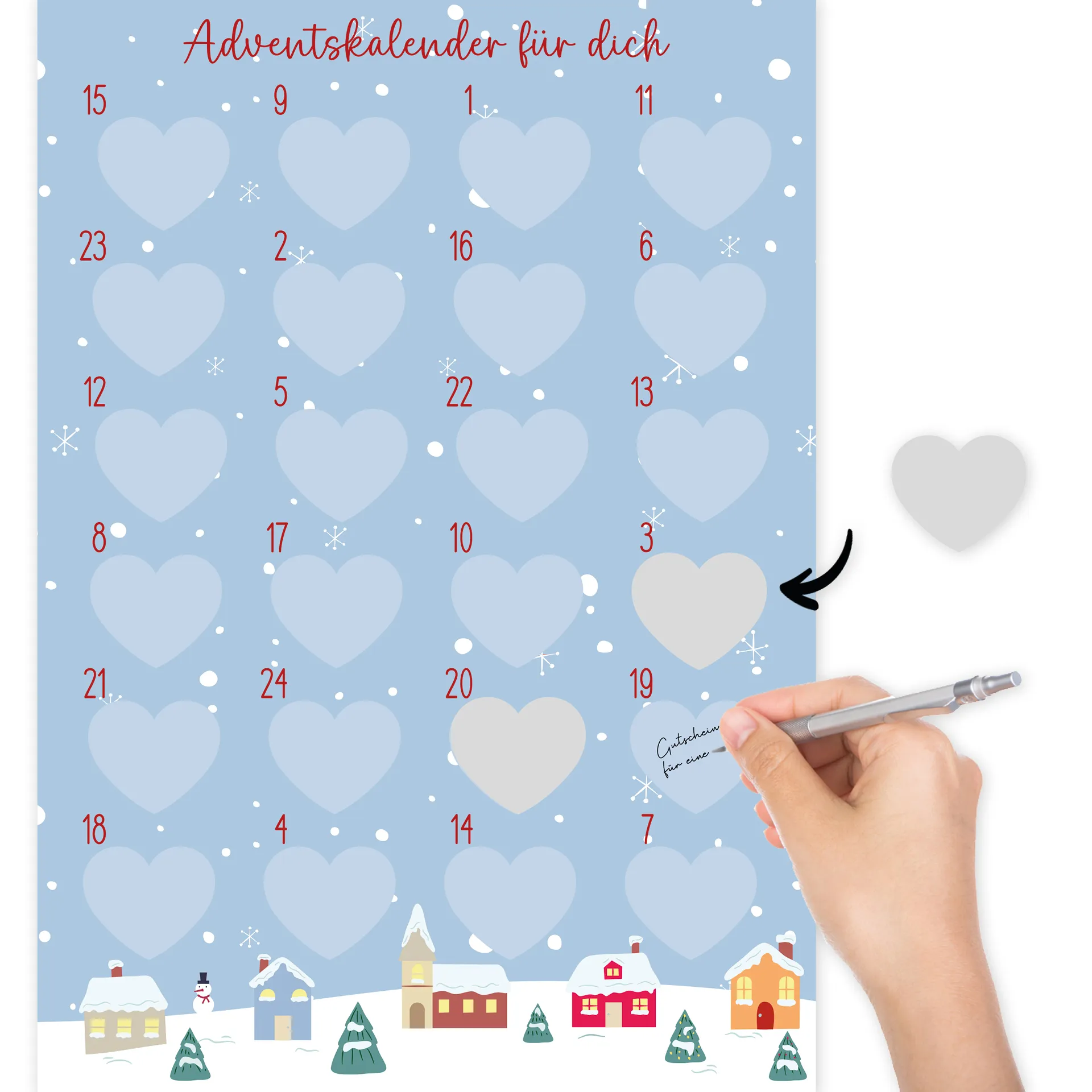 Rubbel-Adventskalender "Schnee und Herzen", 25-tlg.