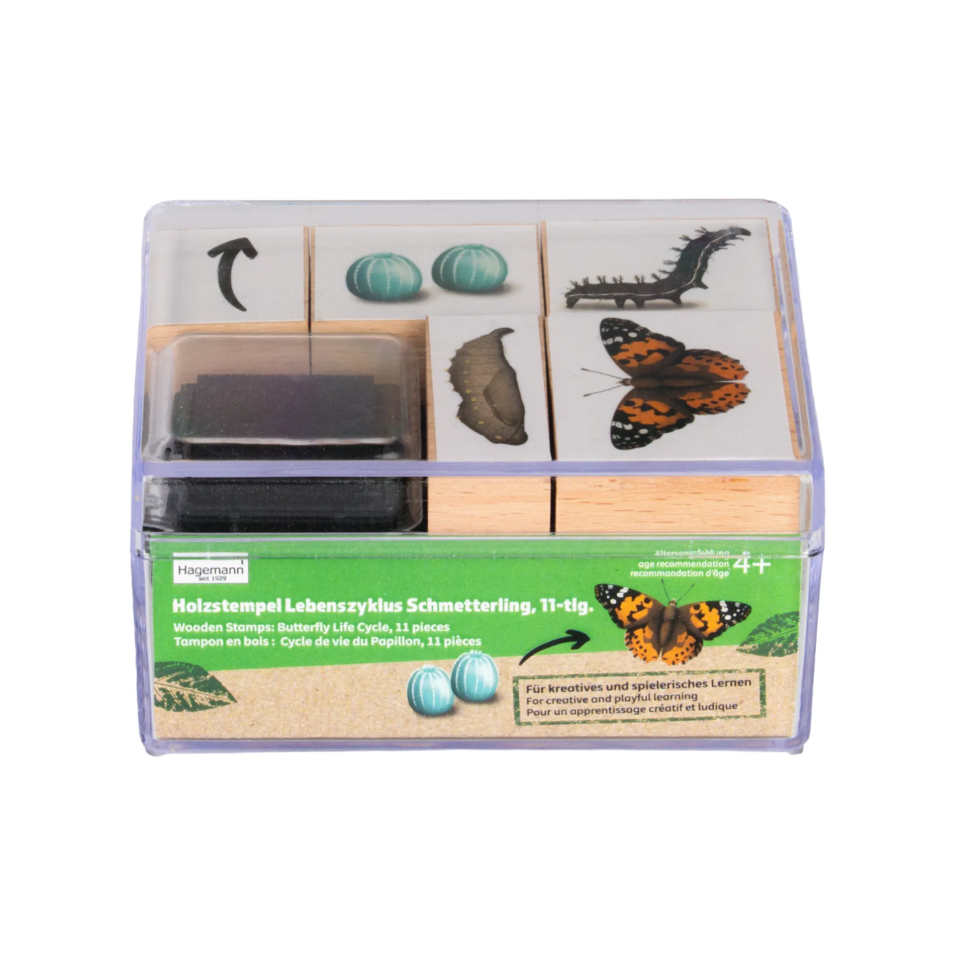 Set Holzstempel "Lebenszyklus Schmetterling", 11-tlg. mit Stempelkissen