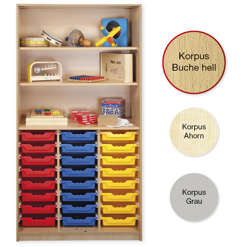 Material-Hochschrank-Regal L, Plustiefe, 3 Fachböden, 24 Schubladen L