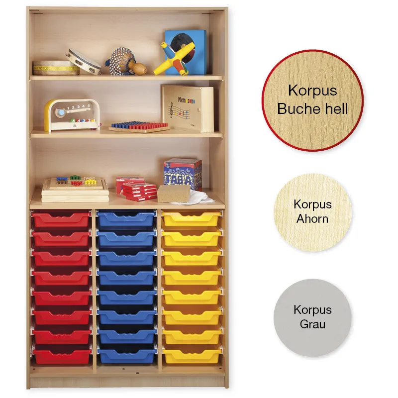 Material-Hochschrank-Regal L, Plustiefe, 3 Fachböden, 24 Schubladen L
