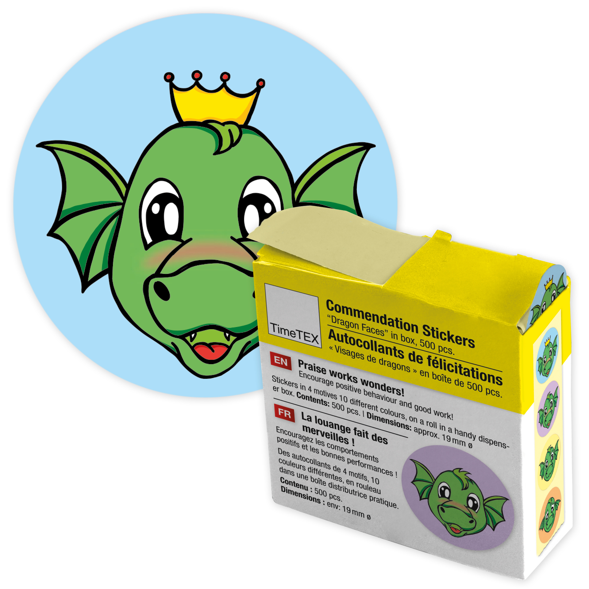 TimeTEX Belobigungs-Aufkleber "Drachen-Gesichter" in Spender-Box, 500 Stück