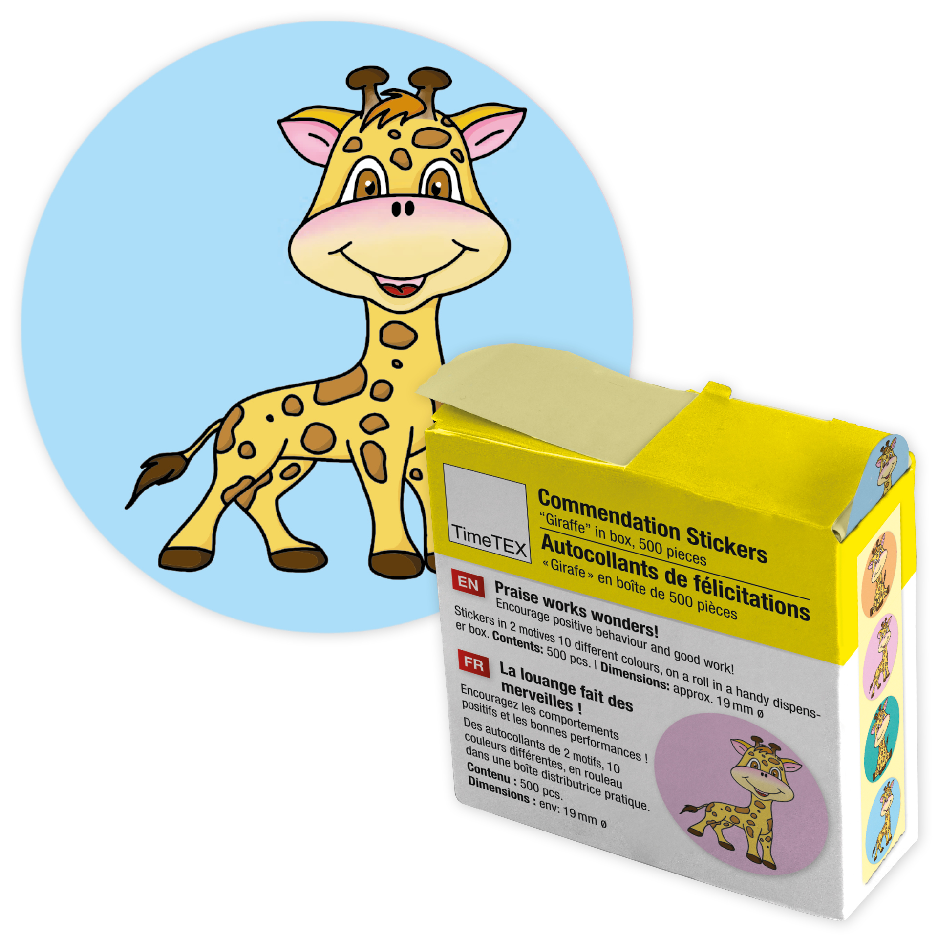 TimeTEX Belobigungs-Aufkleber "Giraffe" in Spender-Box, 500 Stück