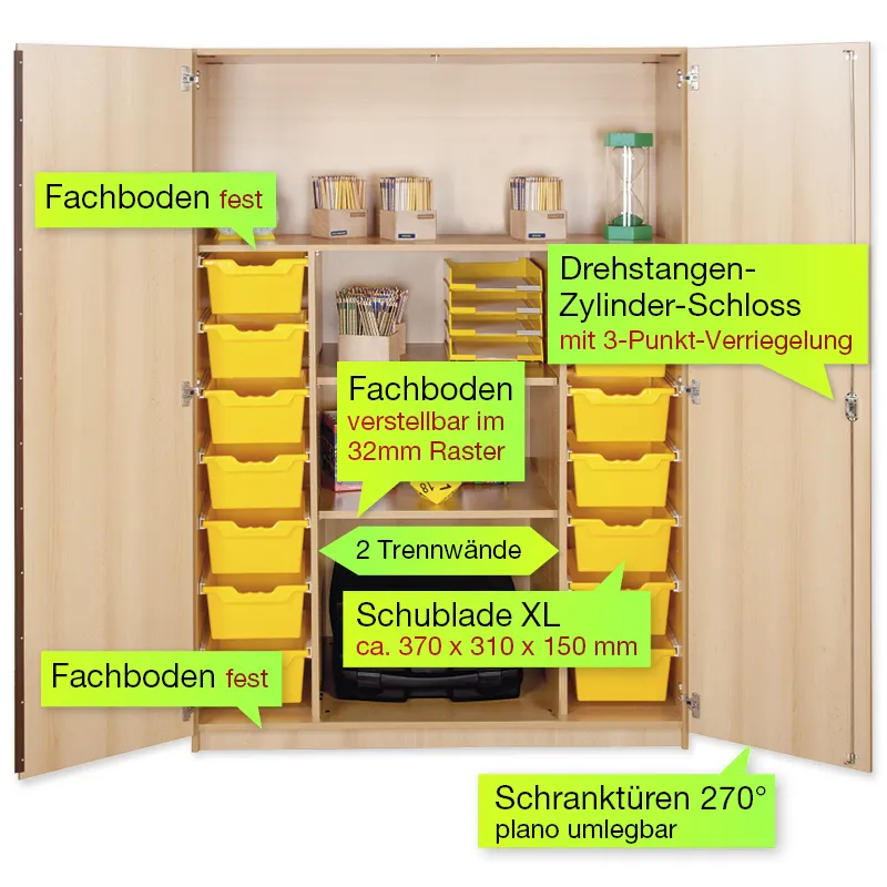 Material-Hochschrank XL, Plustiefe, 4 Fachböden, 14 Schubladen XL