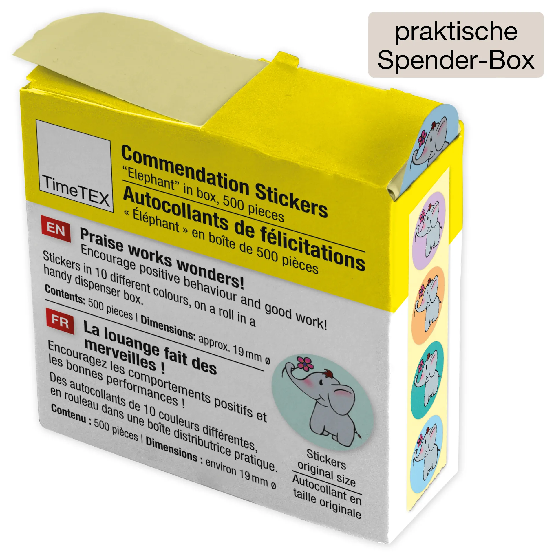 Belobigungs-Aufkleber "Elefant" in Spender-Box, 500 Stück