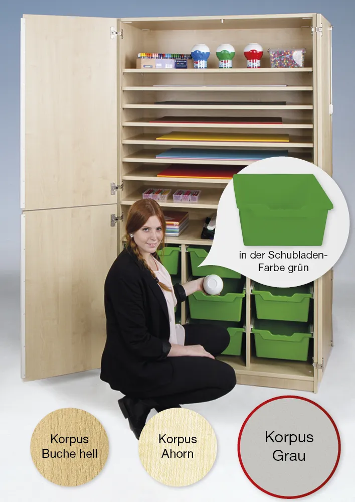 Material-Hochschrank L geteilt, Extratiefe, 9 Fachböden, 9 Schubladen XL